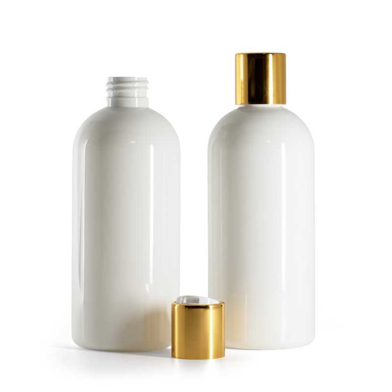 Botella de plástico blanca, tapón disc-top dorado con centro blanco, 300 ml