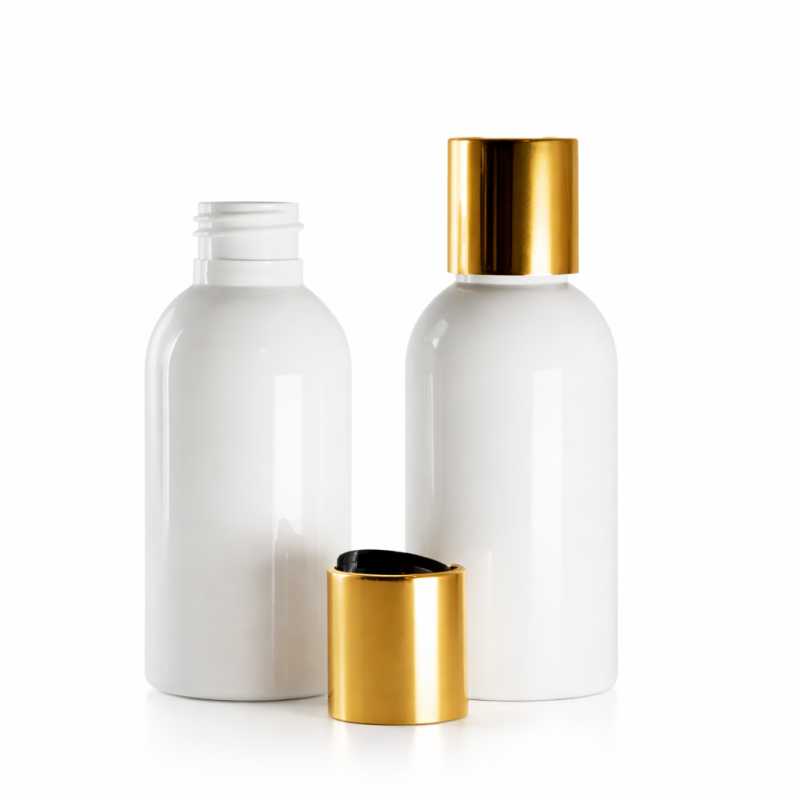 Frasco de plástico blanco, tapón disc-top dorado con inserto negro, 100 ml