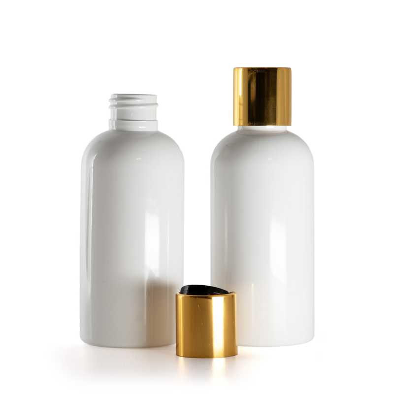 Botella de plástico blanca, tapón disc-top de plástico negro con anillo de aluminio dorado, 150 ml