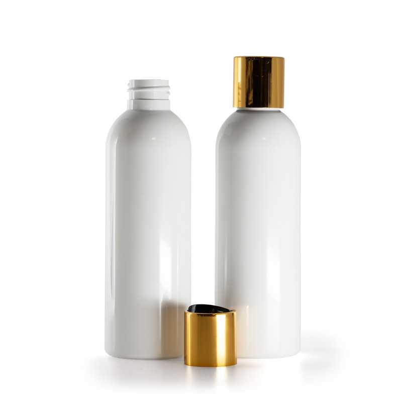 Botella de plástico blanca, tapón disc-top de plástico negro con collar de aluminio dorado, 200 ml