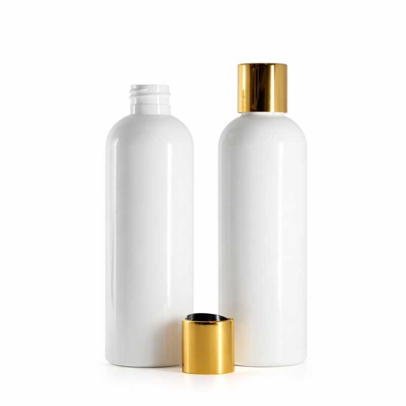 Botella de plástico blanca, tapón disc-top dorado con centro negro, 250 ml