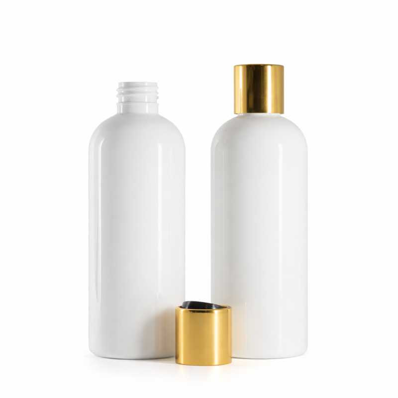Botella de plástico blanca, tapón disc-top de plástico negro con collar de aluminio dorado, 300 ml