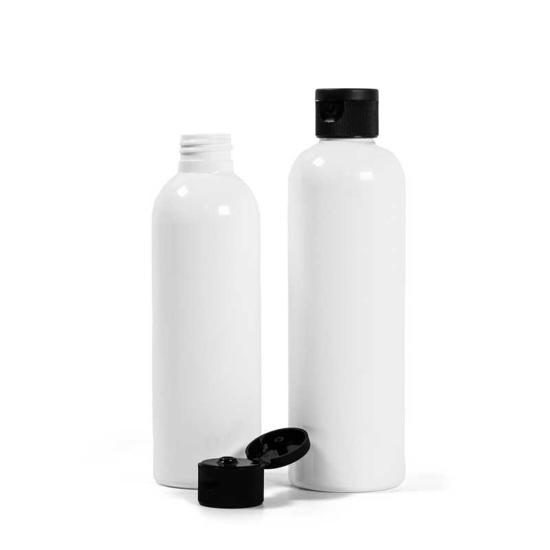 Botella de plástico blanca, tapón flip-top negro, 200 ml