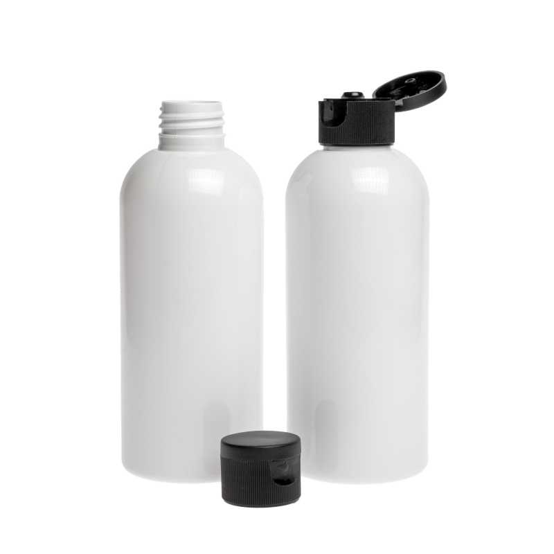 Botella de plástico blanca, tapón flip-top negro, 300 ml