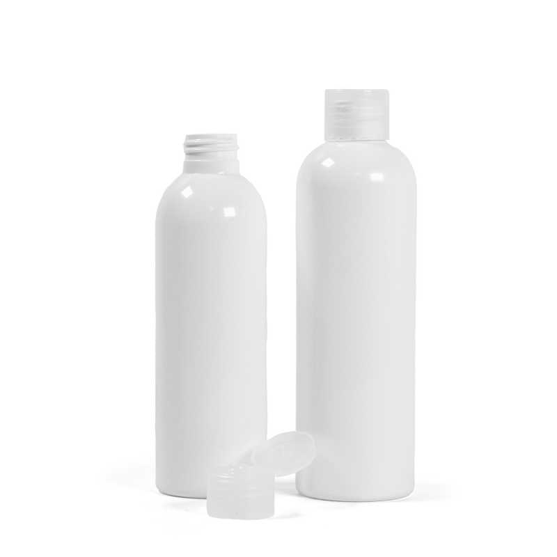 Botella de plástico blanca, tapón flip-top transparente, 250 ml