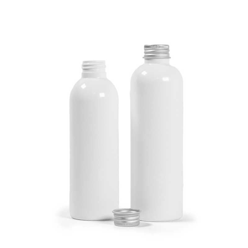 Botella de plástico blanca, tapón de aluminio, 200 ml
