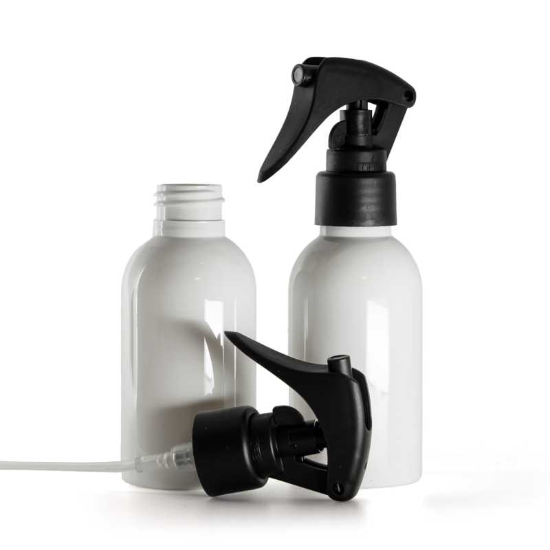 Frasco de plástico blanco, pulverizador de gatillo negro mate, anillo liso, 100 ml