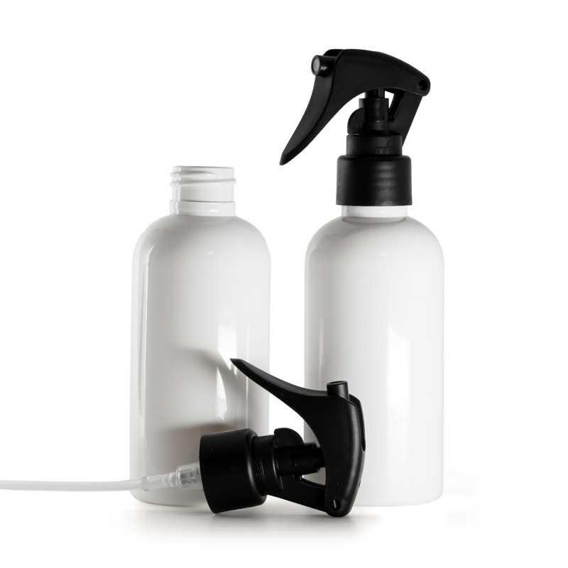 Botella de plástico blanca, pulverizador de gatillo negro mate, cuello liso, 150 ml