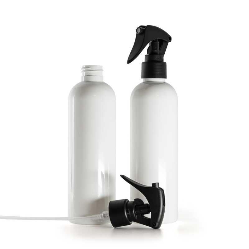 Botella de plástico blanca, pulverizador de gatillo negro mate, anillo liso, 250 ml