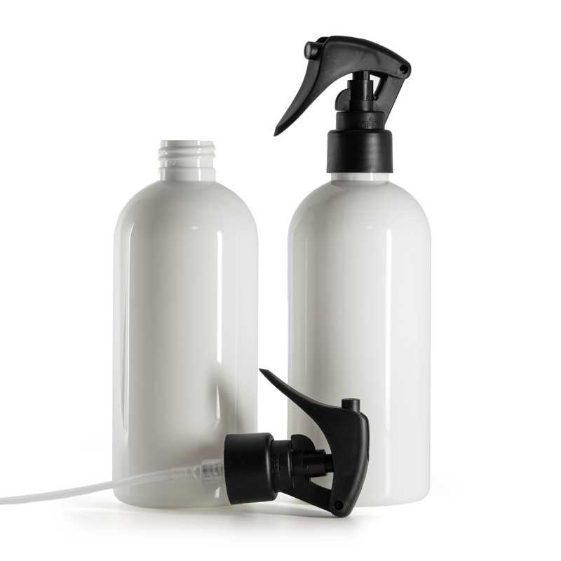 Botella de plástico blanca, pulverizador de gatillo negro mate, anillo liso, 300 ml