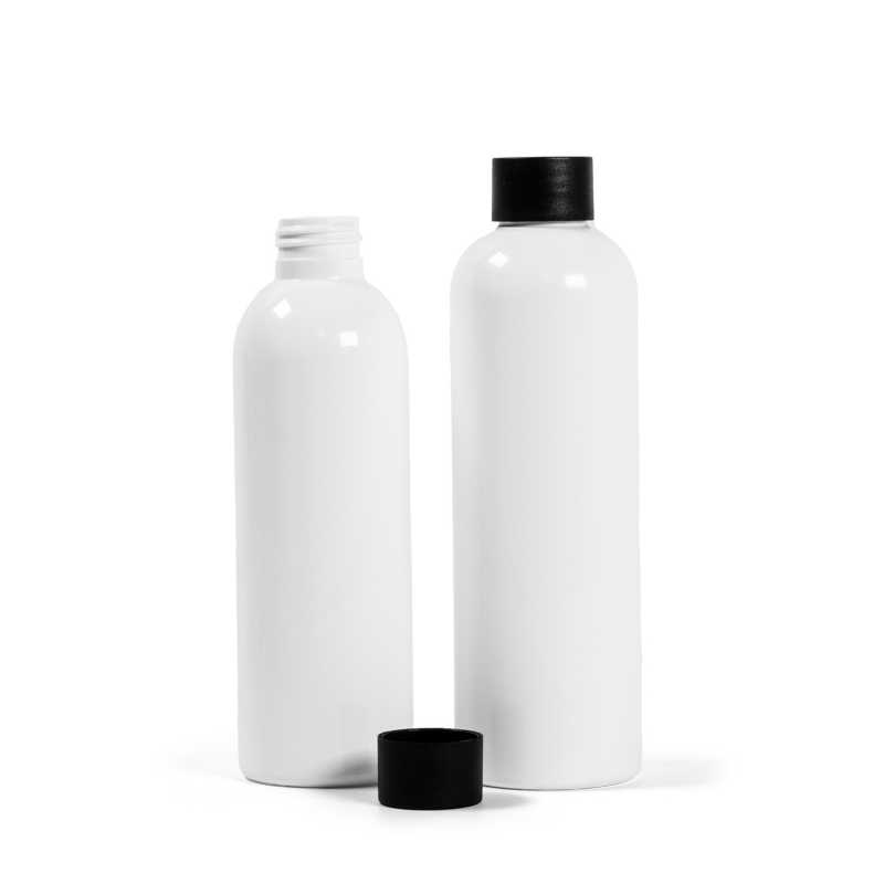 Botella de plástico blanca, 200 ml, tapón negro mate
