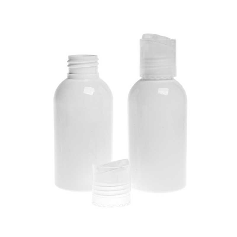 Frasco de plástico blanco, tapón disc-top transparente, 100 ml