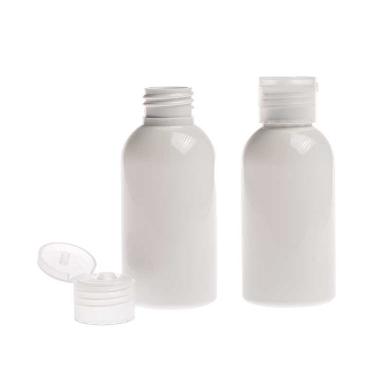 Frasco de plástico blanco, tapón flip-top transparente, 100 ml