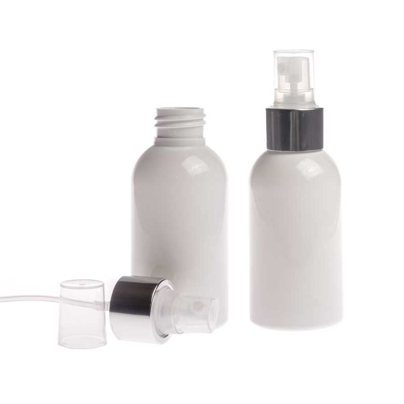 Frasco de plástico blanco, pulverizador transparente, anillo plateado brillante, 100 ml