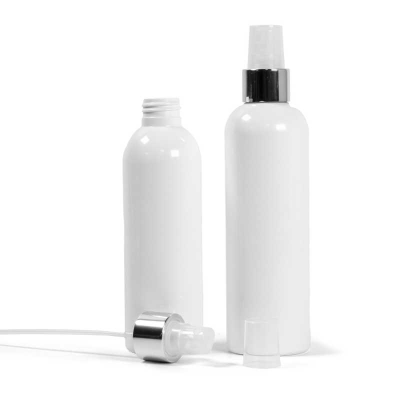 Botella de plástico blanca, pulverizador transparente, anillo plateado brillante, 250 ml