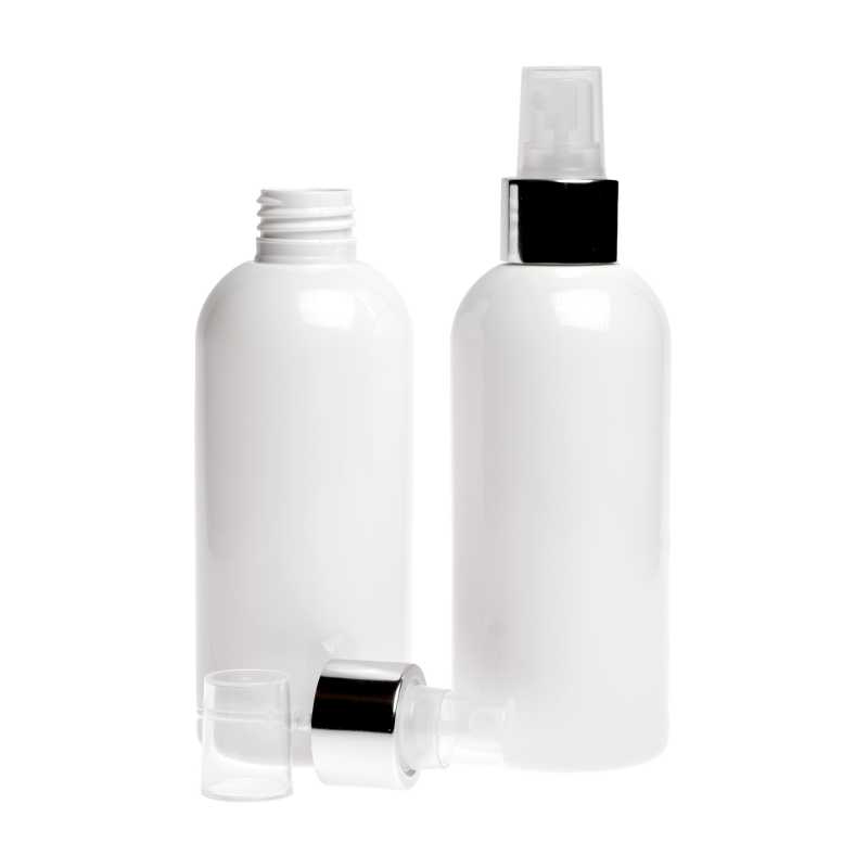 Botella de plástico blanca, pulverizador transparente, anillo plateado brillante, 300 ml