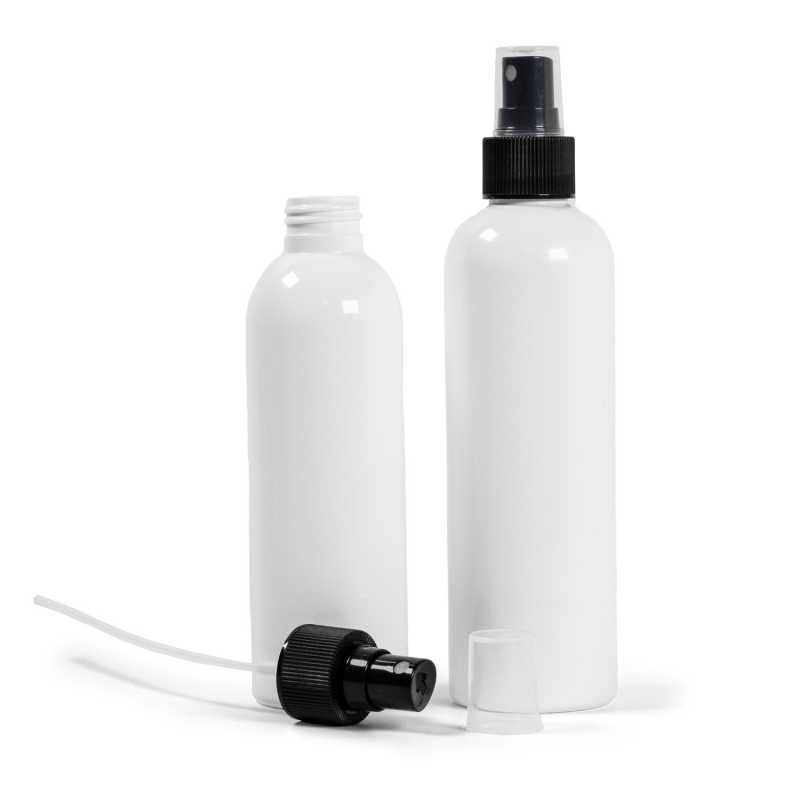 Botella de plástico blanca, pulverizador negro, 200 ml