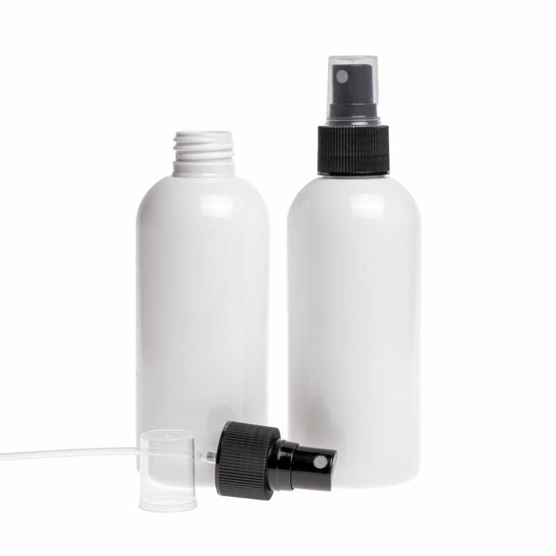 Botella de plástico blanca, pulverizador negro, 300 ml