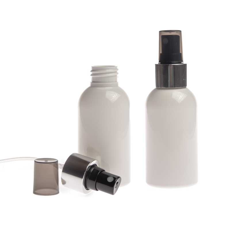 Frasco de plástico blanco, pulverizador negro, anillo plateado brillante, 100 ml