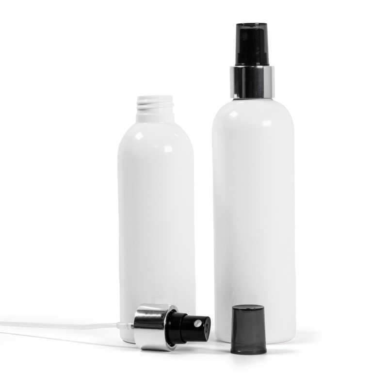 Botella de plástico blanca, pulverizador negro, anillo plateado brillante, 250 ml