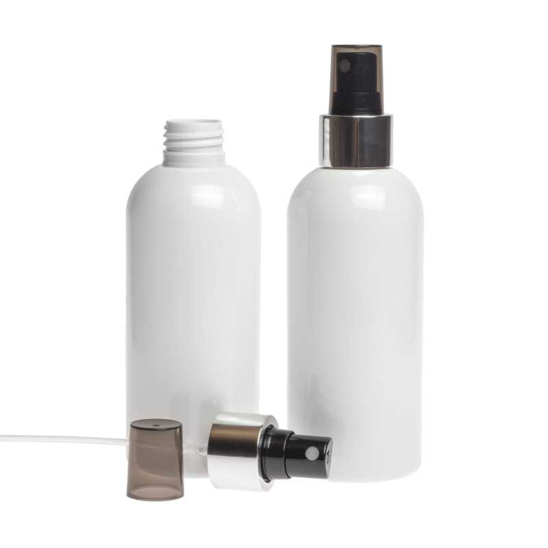 Botella de plástico blanca, pulverizador negro, anillo plateado brillante, 300 ml