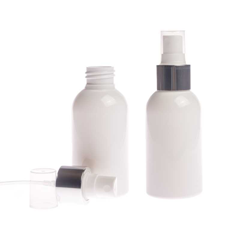 Botella de plástico blanca, pulverizador blanco, anillo plateado brillante, 150 ml