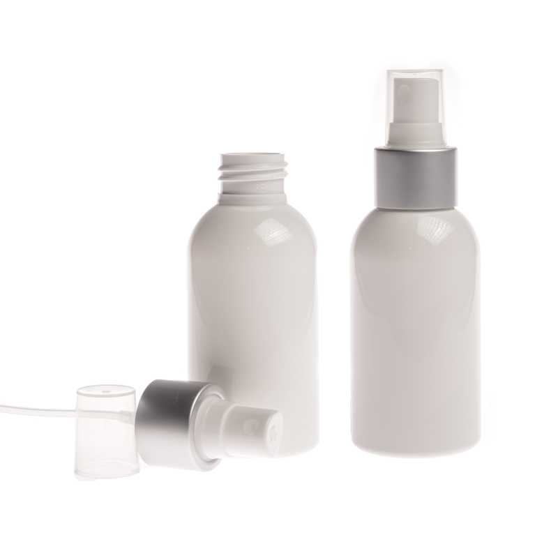 Botella de plástico blanca, pulverizador blanco, anillo plateado mate, 150 ml