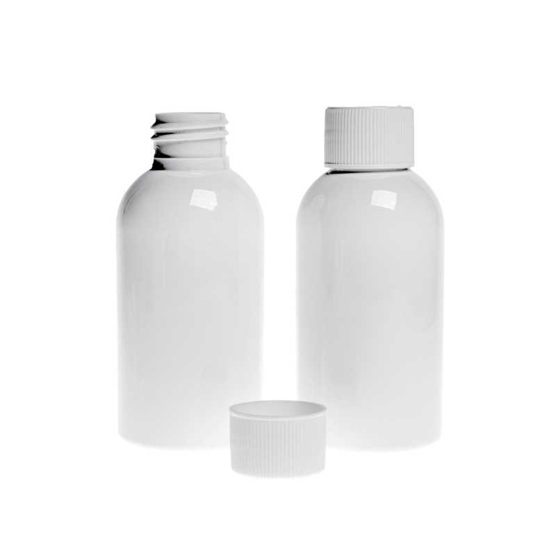 Botella de plástico blanca, tapón de rosca blanco, 150 ml
