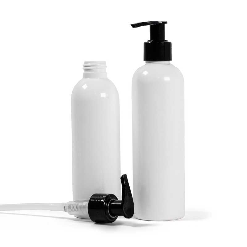 Botella de plástico blanca, dispensador negro, 250 ml