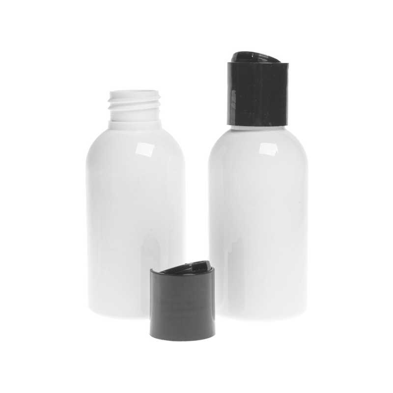 Botella de plástico blanca, tapón disc-top negro, 150 ml