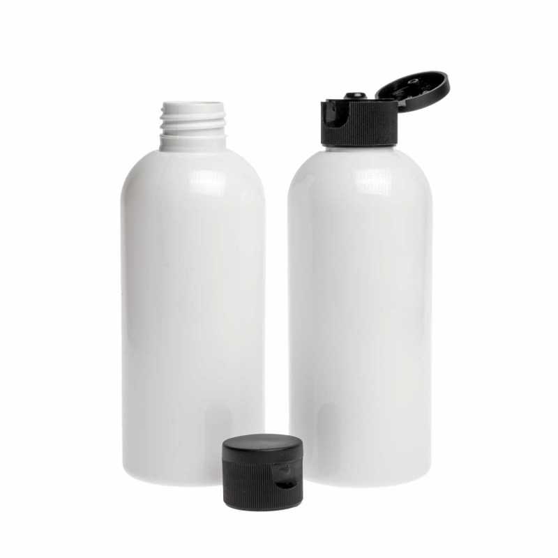 Botella de plástico blanca, tapón flip-top negro, 150 ml