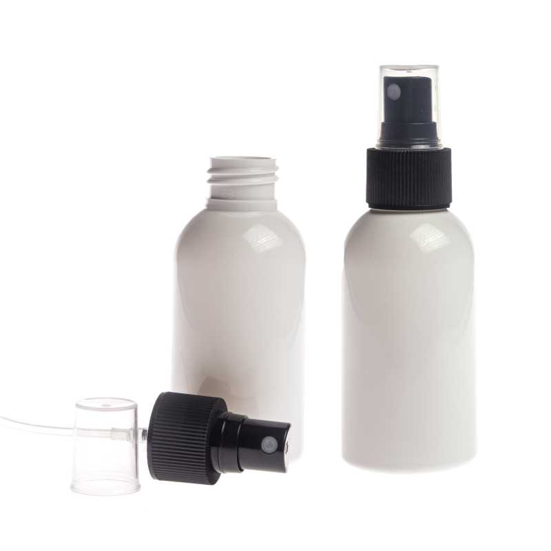 Botella de plástico blanca, pulverizador negro, 150 ml