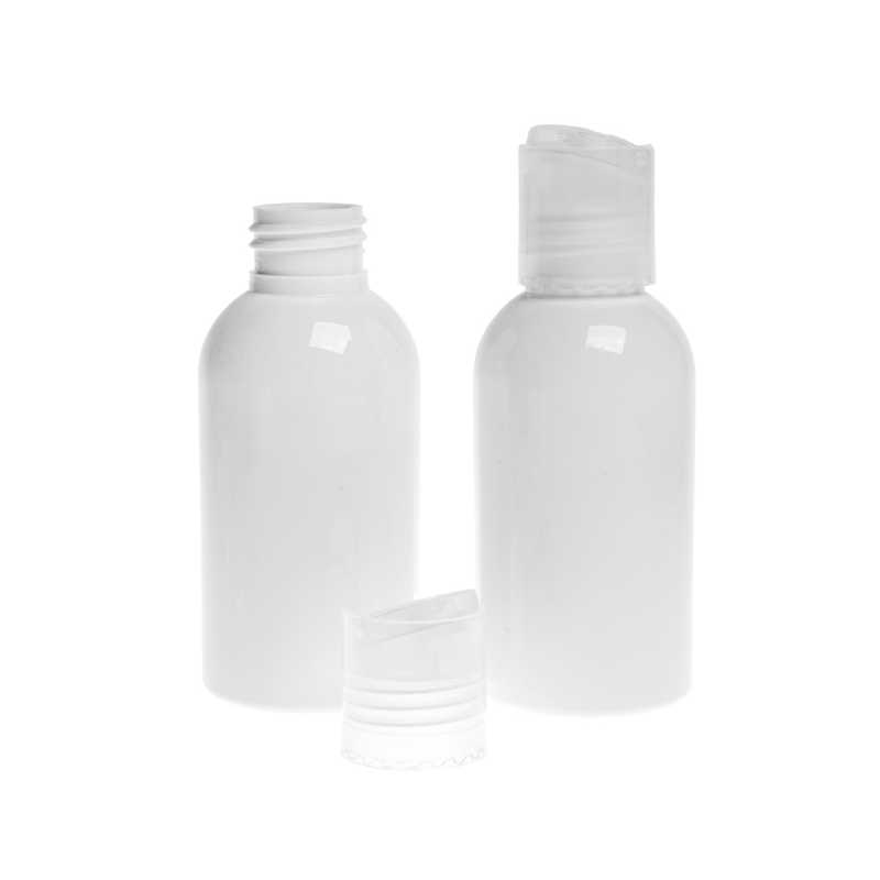 Botella de plástico blanca, tapón disc-top transparente, 150 ml