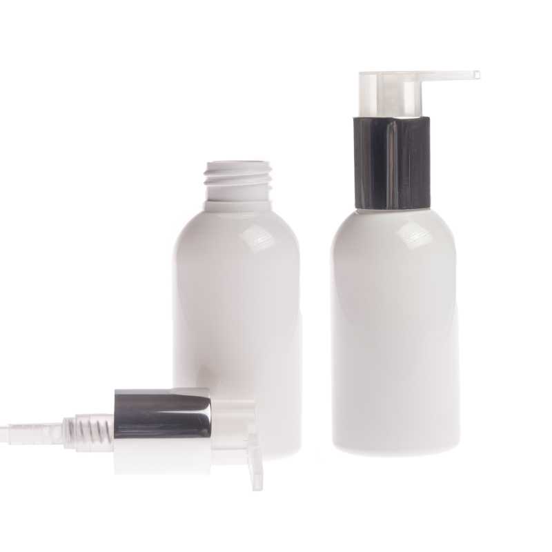 Botella de plástico blanca, dosificador plateado, 150 ml