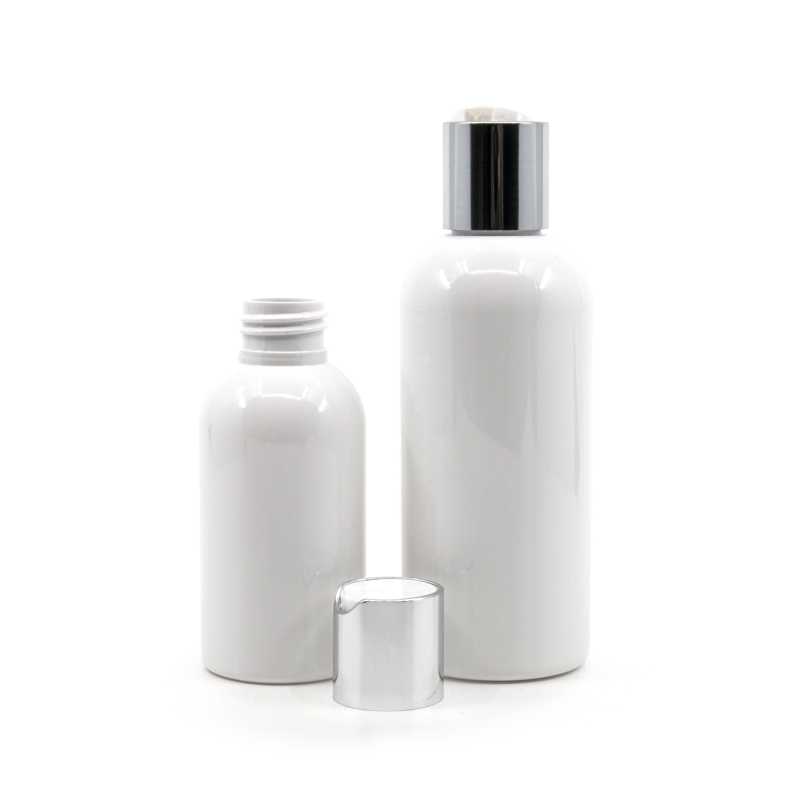 Botella de plástico blanca, 150 ml, tapón flip-top plateado