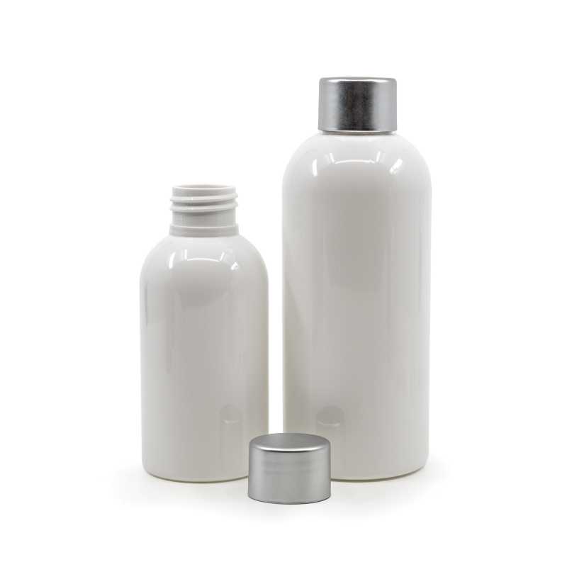 Botella de plástico blanca, 150 ml, tapón de plástico plateado