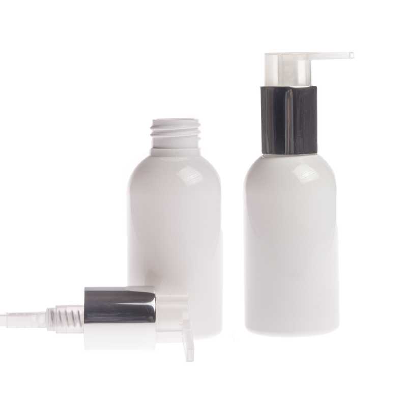 Frasco de plástico blanco, bomba plateada, 100 ml