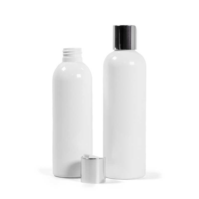 Botella de plástico blanca, tapón flip-top plateado, 200 ml