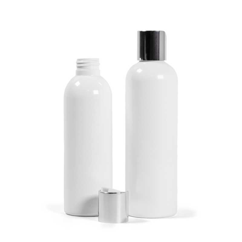 Botella de plástico blanca, tapón flip-top plateado, 250 ml
