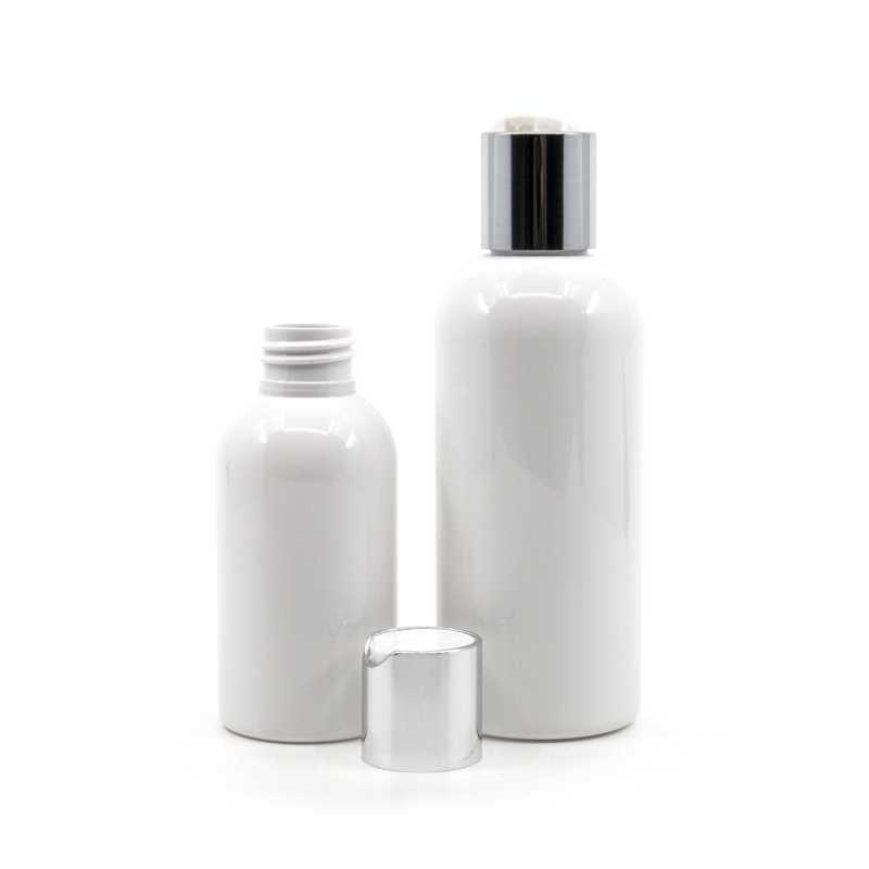 Botella de plástico blanca, tapón flip-top plateado, 300 ml