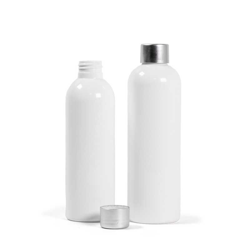 Botella de plástico blanca, 200 ml, tapón plateado