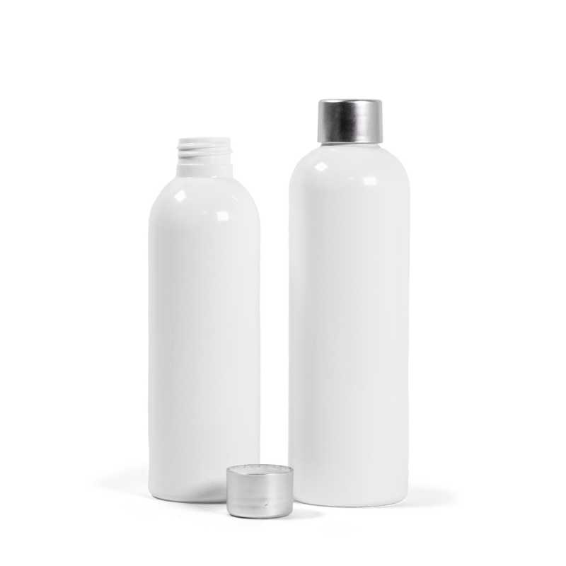 Botella de plástico blanca, tapón plateado, 250 ml