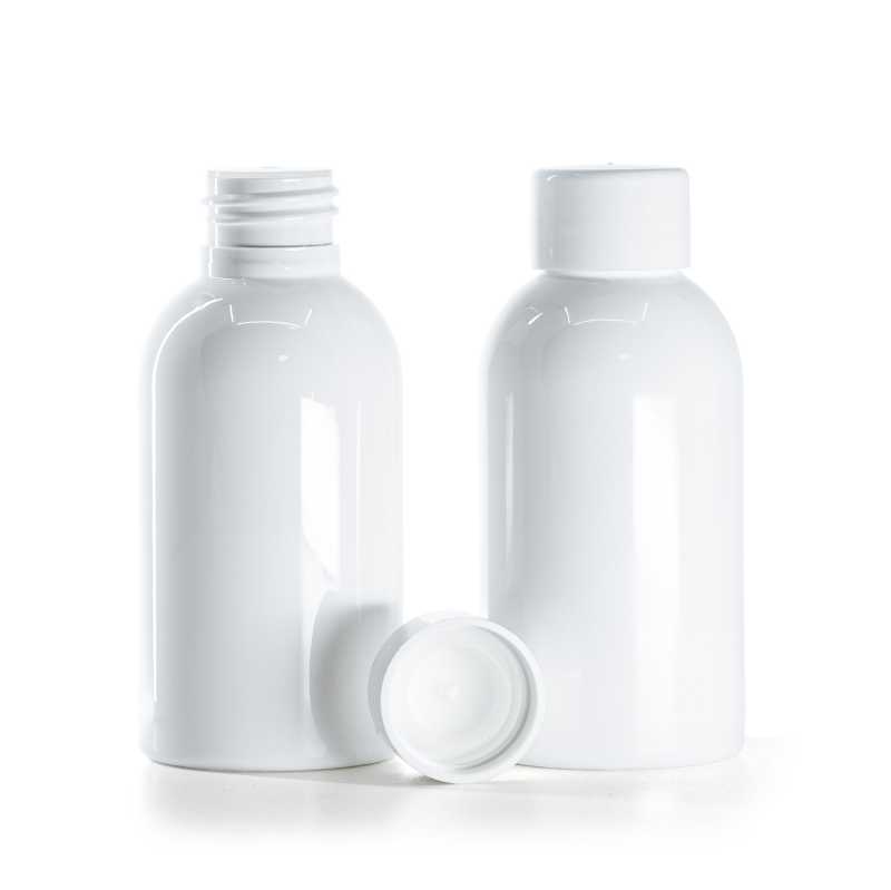 Frasco de plástico blanco, tapón blanco liso con reductor, 100 ml