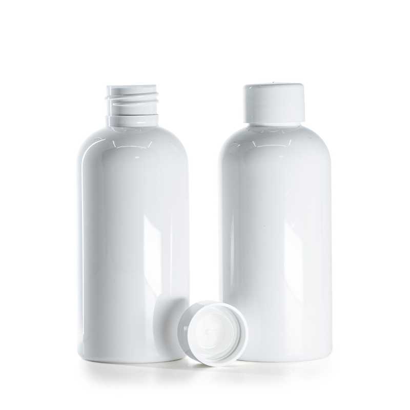 Botella de plástico blanca, tapón blanco liso con reductor, 150 ml