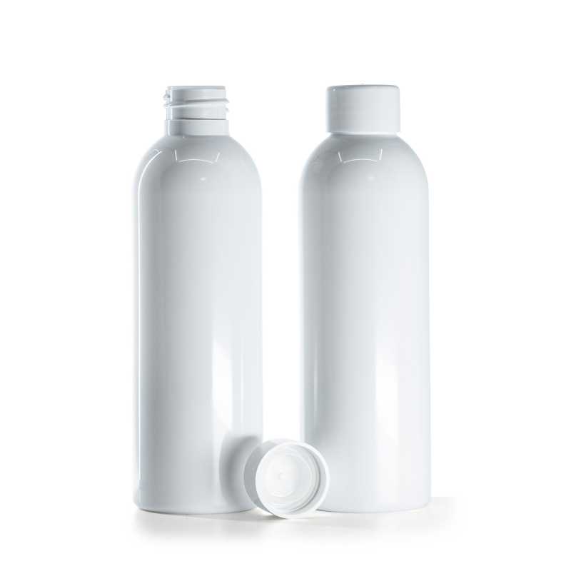 Botella de plástico blanca, tapón blanco liso con reductor, 200 ml