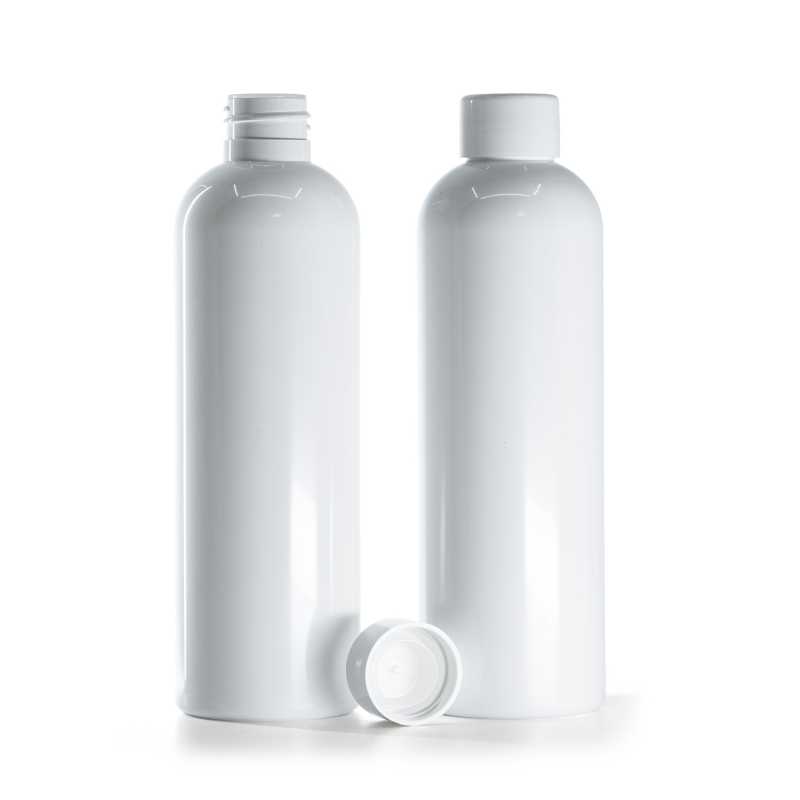 Botella de plástico blanca, tapón blanco liso con reductor, 250 ml