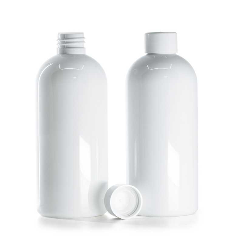 Botella de plástico blanca, tapón blanco liso con reductor, 300 ml