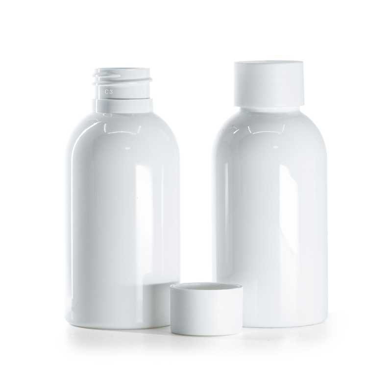 Frasco de plástico blanco, tapón blanco mate, 100 ml