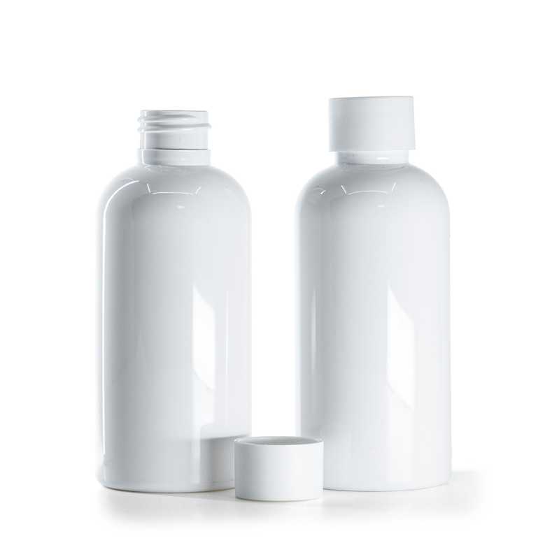 Botella de plástico blanca, tapón blanco mate, 150 ml