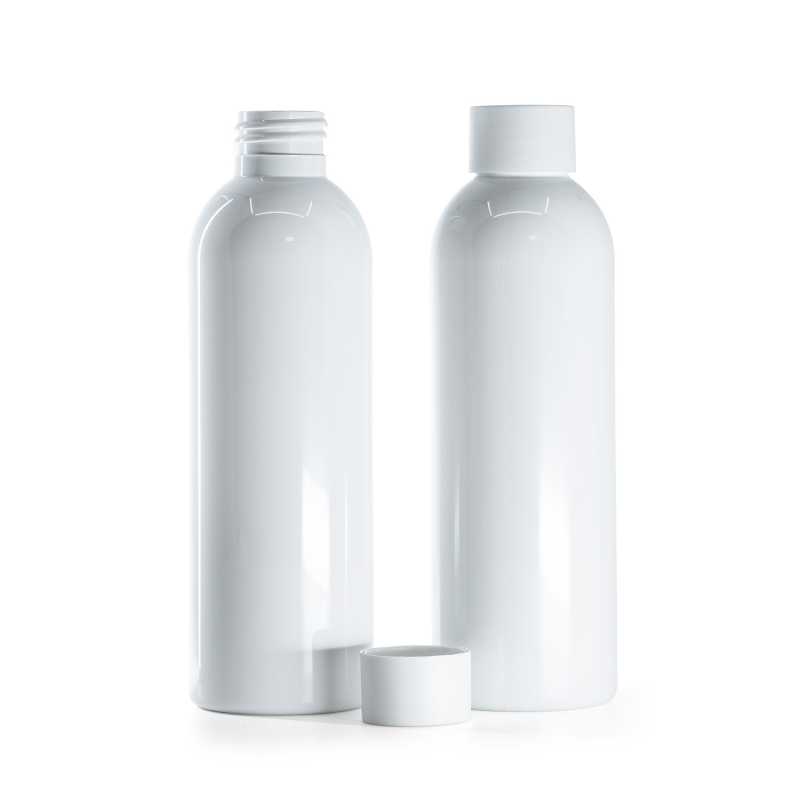 Botella de plástico blanca, tapón blanco mate, 200 ml